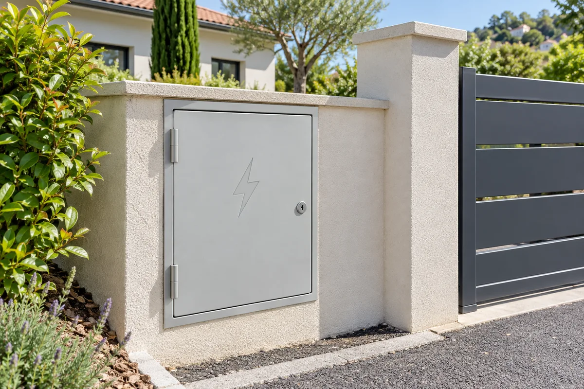 Un coffret électrique de branchement fermé en limite de propriété