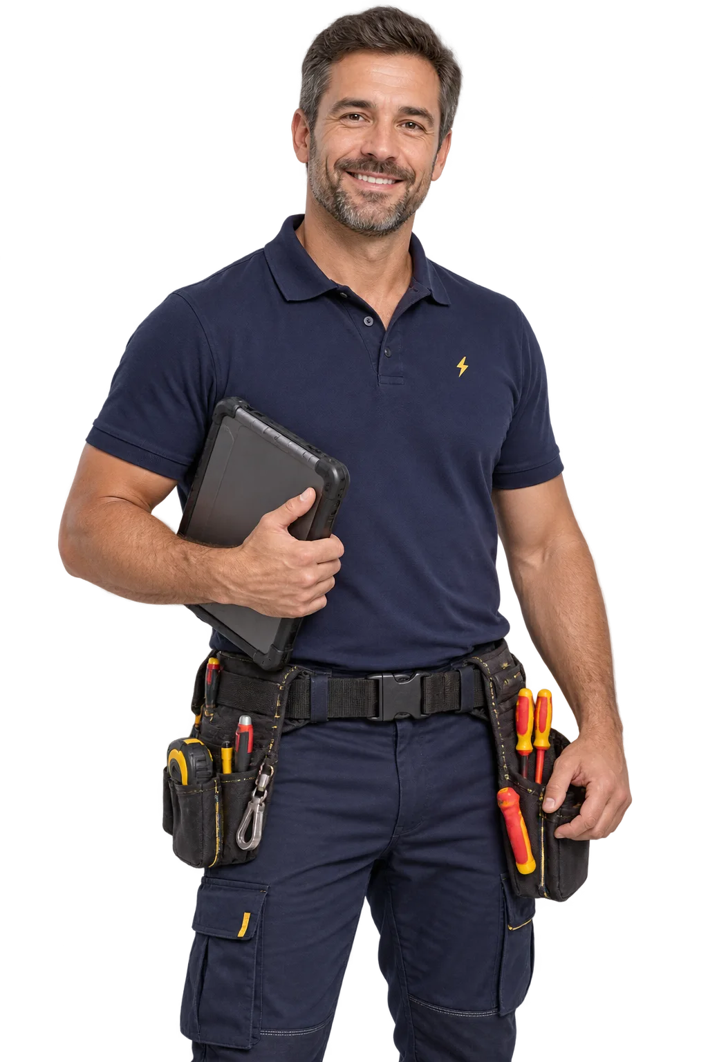 Illustration d’un électricien en tenue de travail tenant une tablette