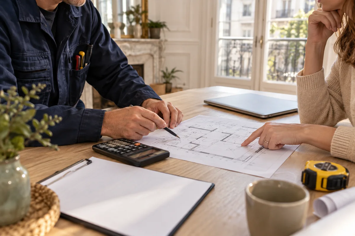 Un professionnel prépare un devis électrique à partir d’un plan du logement