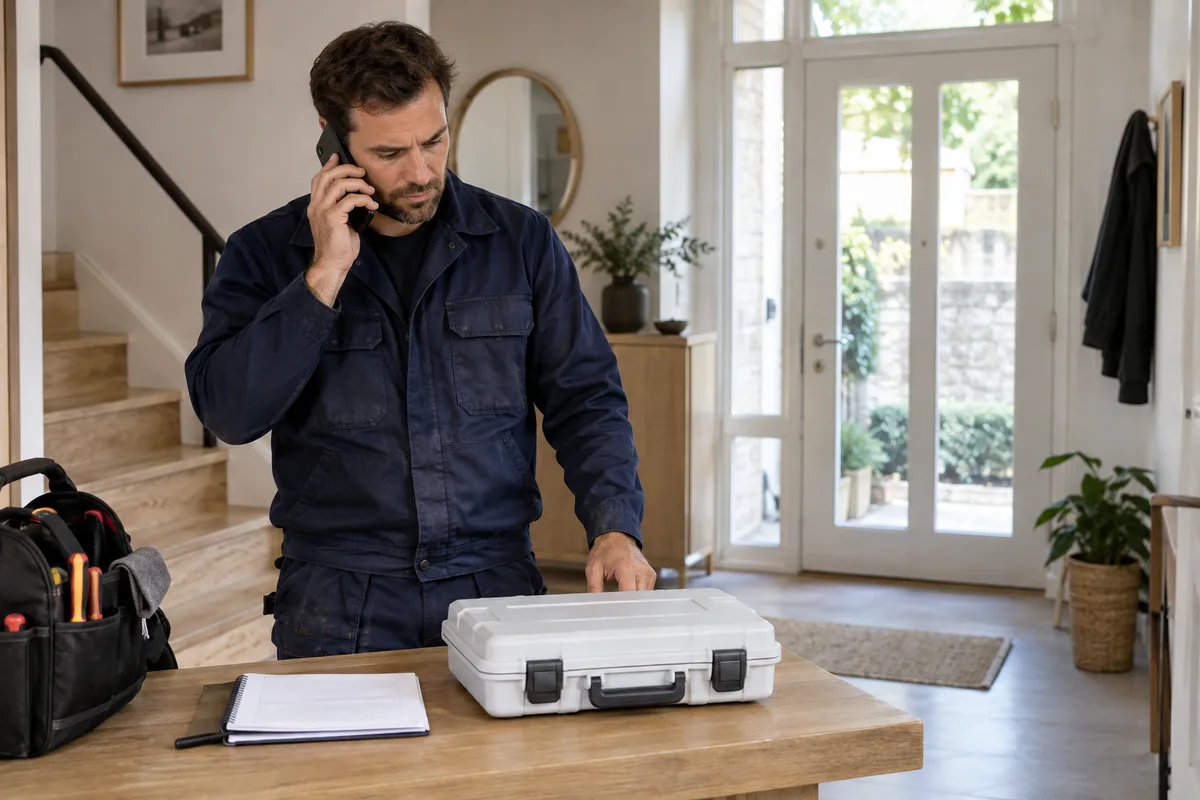 Électricien préparant une intervention par téléphone